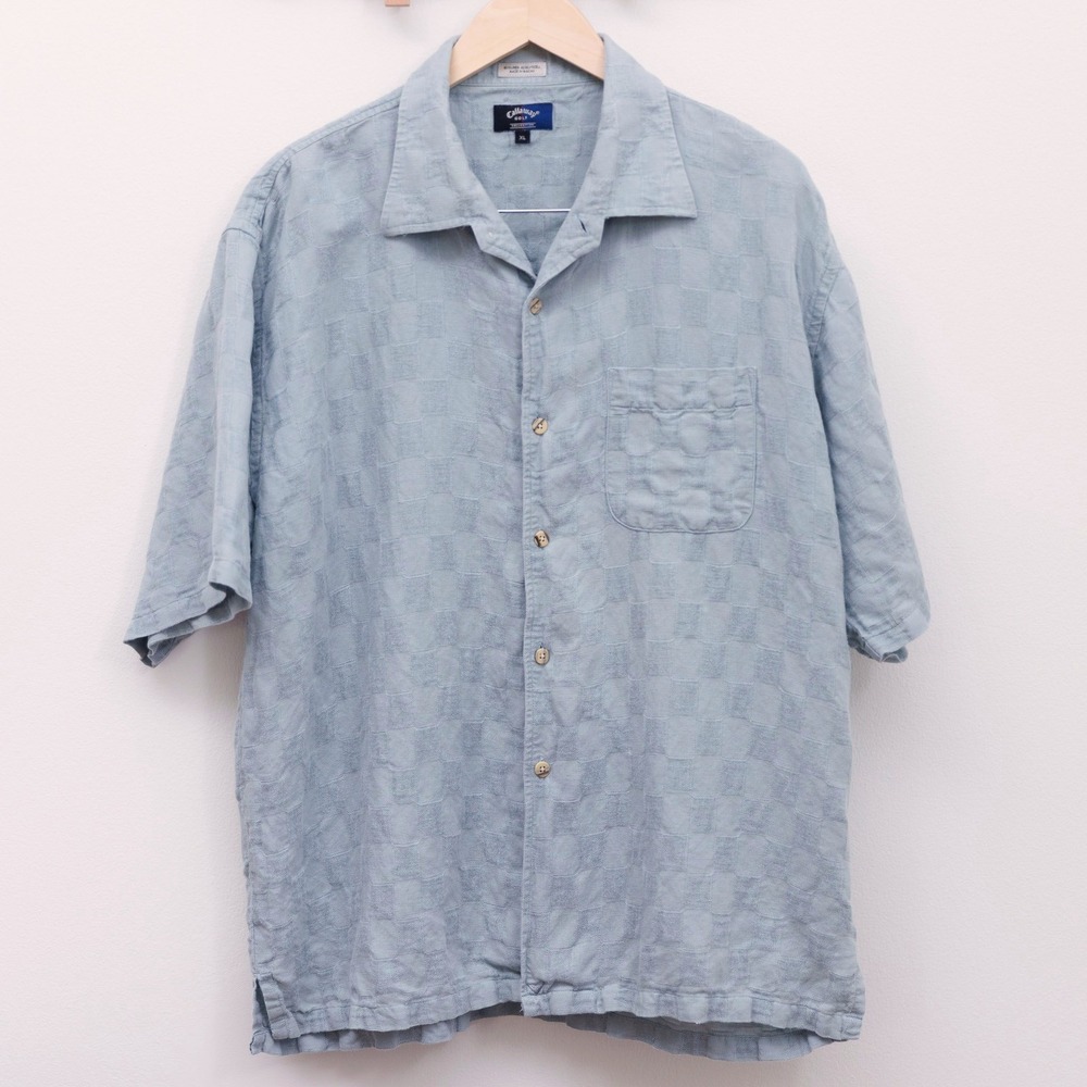 Callaway Golf Collection Mens XL Blue Green Linen Lyocell Checker Camp Shirt